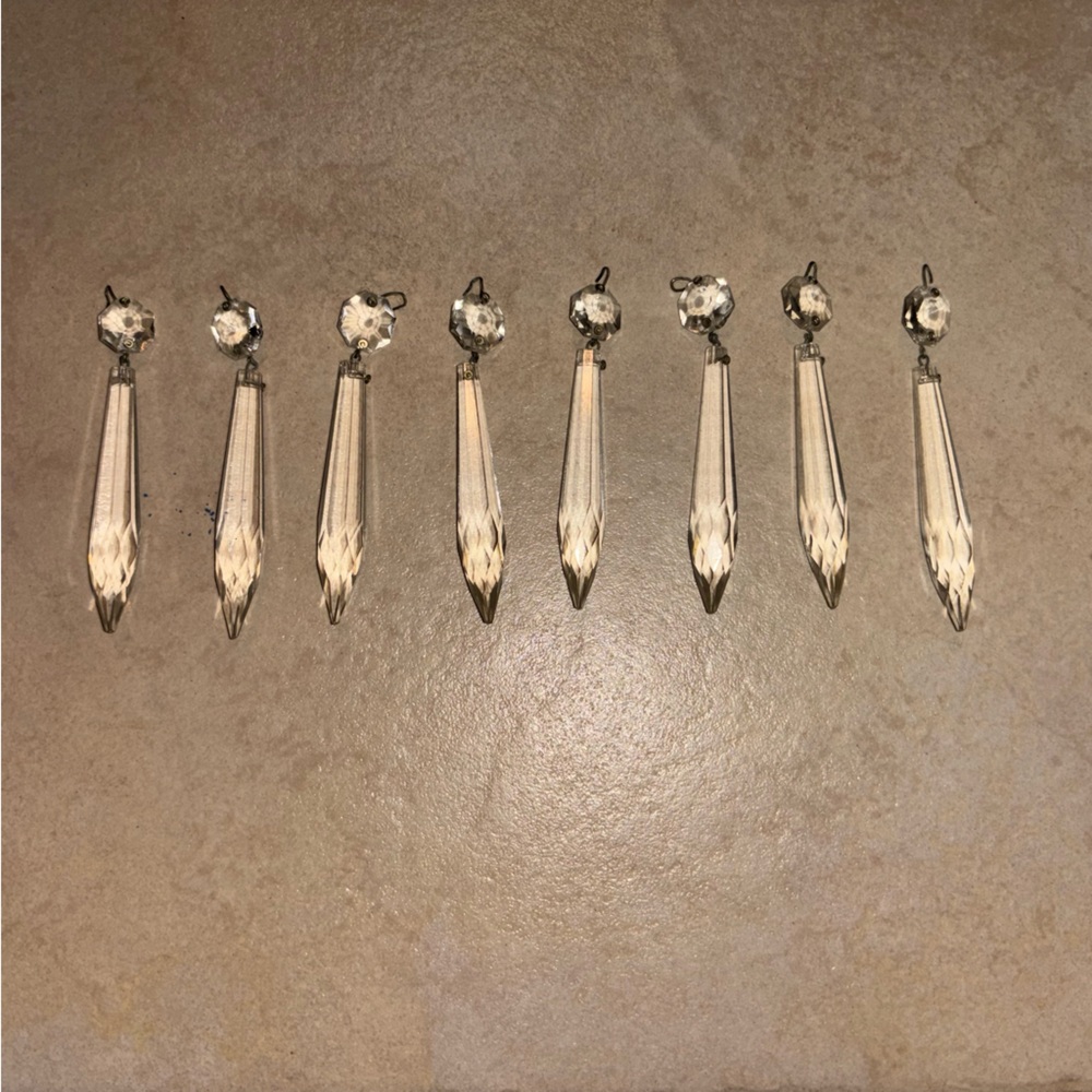 Set of 8 Antique Crystal Chandelier Icicle Prisms with Octagon Beads